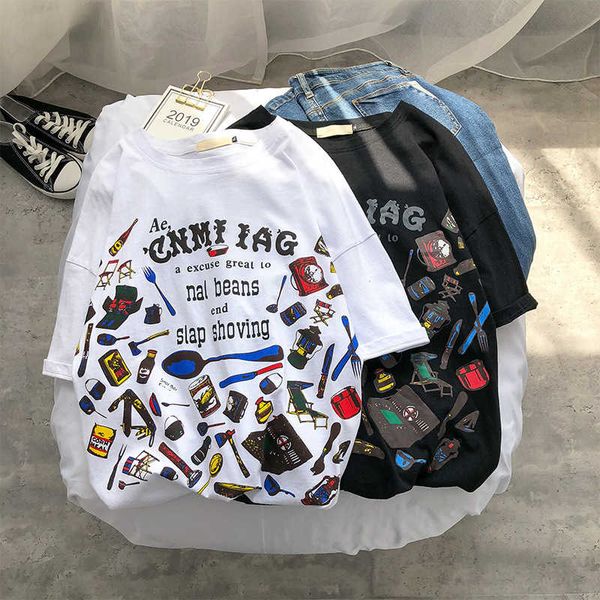 

2020 summer new men's korean loose short hip hop graffiti print / 5 sleeve t-shirt trend, White;black