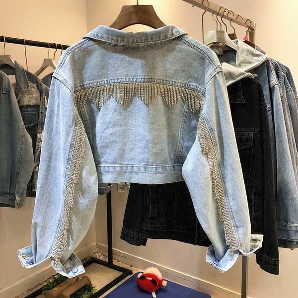 

heavy work diamond chain tassel washed light blue super short denim jacket women's 2020 spring autumn new kurtka jeansowa damska1, Black;brown