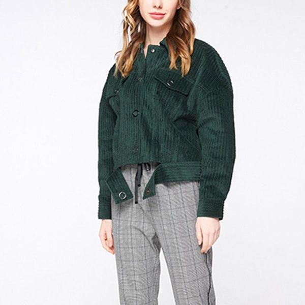 

hee grand vintage corduroy jacket female 2019 spring women long sleeve basic jacket fashion green lace up short outerwear wwj9461, Black;brown