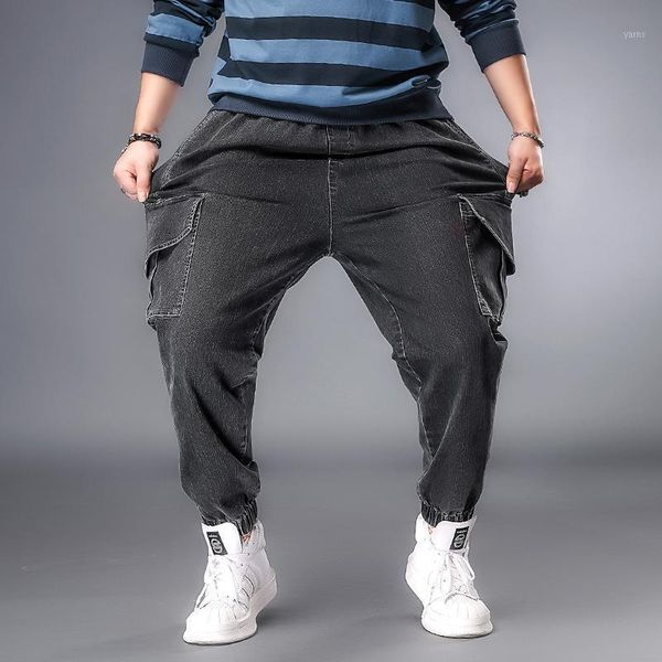 

plus size 6xl 5xl xxxxl men casual cargo jeans pants with multi pockets baggy tactical denim trousers loose fit1, Blue