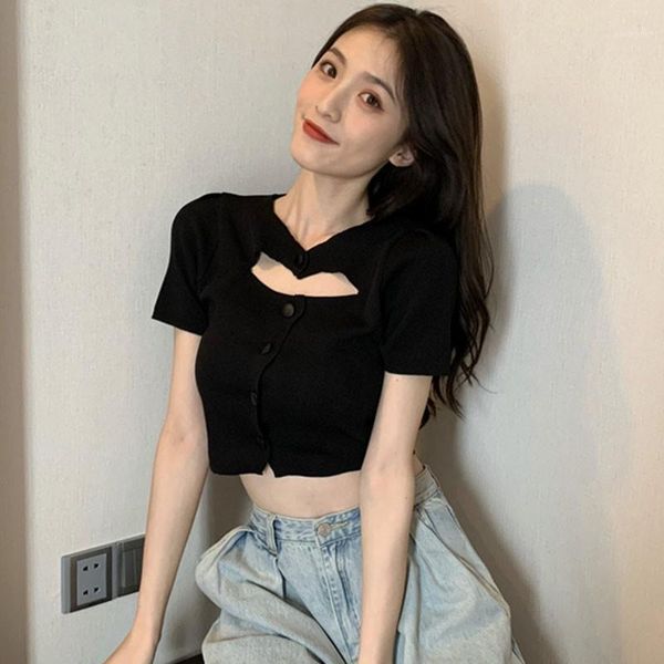 

casual short sleeve t-shirts women knitted short female hollow t-shirt1, White