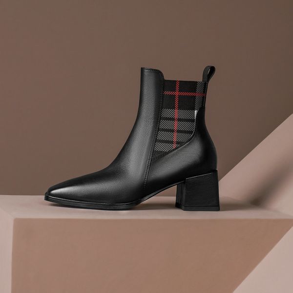 

2021 new autumn winter heel ankle cow leather cloth slip on women shoes retro square toe short boots size 34-40 hi5b, Black