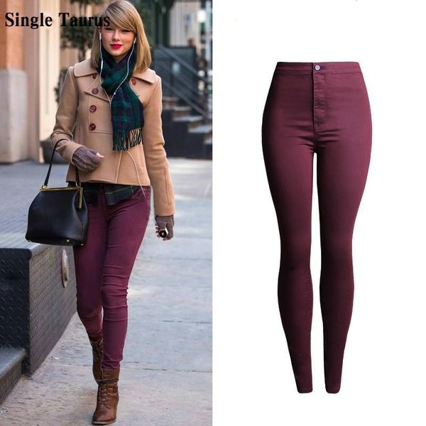

high waist jeans women elasticity skinny jeans mujer push up pencil pants pantalon femme red wine feminino, Blue