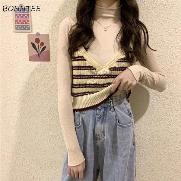 

sweater vest women simple striped all match elegant female korean style casual lovely v-neck slim popular trendy soft autumn new, Black;white