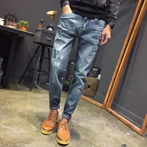 

men's jeans 2021 spring and summer fashion casual brand all-match high-quality slim stretch trousers street ripped, Blue