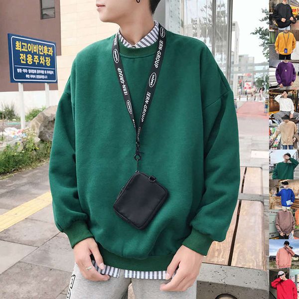 

round perth couple sweater 20 winter neck loose bottomed shirt long sleeve t-shirt student men's solid sportswear, Gray