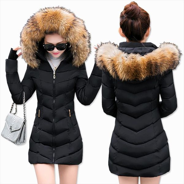 

2019winter women jacket hooded coat fur collar thicken warm long jacket female plus size outerwear parka ladies detachable hat, Black