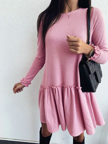 

2021 spring/autumn women dress long sleeve solid pleated dress ruffles casual o-neck short party dress vestidos y0118, Black;gray