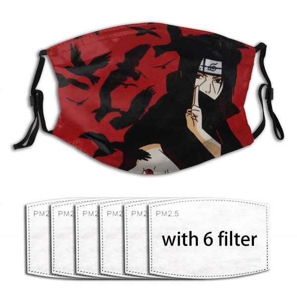 

uv protection reusable mouth guard with replaceable 6 filters, anime naruto itachi uchiha bloody crow pollen pollution pm2.5 protection cove