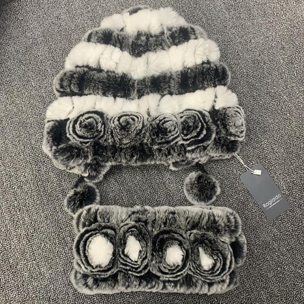 

hats, scarves & gloves sets winter natural fur hat ring scarf set stylish flowers neck warmer soft rex hats, Blue;gray