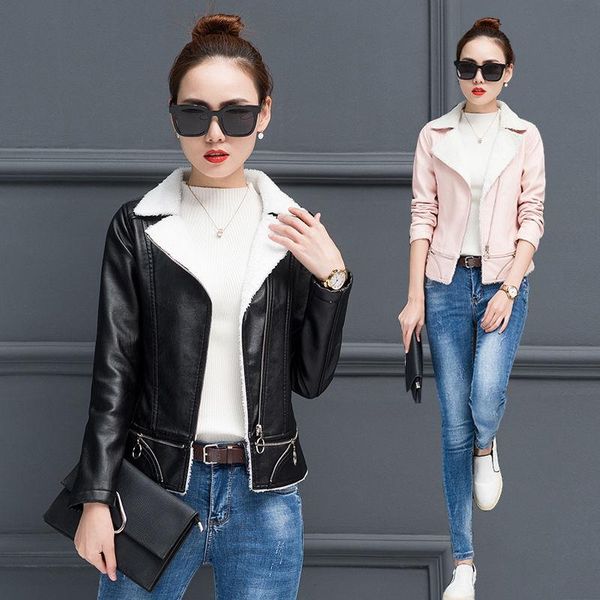 

women's leather & faux plush fur one-piece coat pu short korean simple casual lapel oversize wear, Black