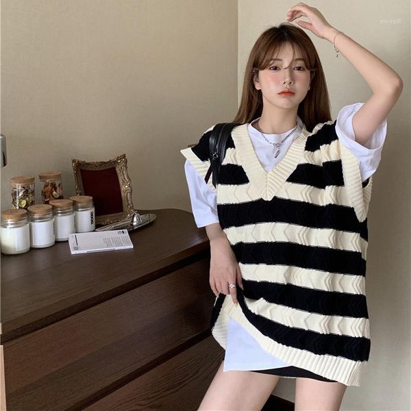 

vest women striped v-neck 2020 autumn knitted vests stylish students korean style sleeveless sweater outwear female coats jumper1, Black;white