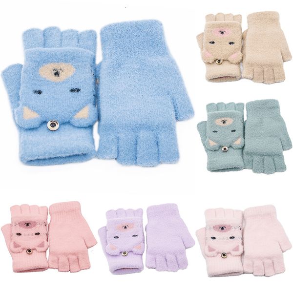 

autumn and new winter women's flip cartoon half finger knitted wool plush warm gloves, Blue;gray
