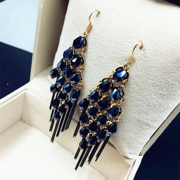 

vintage bohemia crystal tassel long earrings for women bijoux statement handmade ear fashion jewelry black green colors, Silver