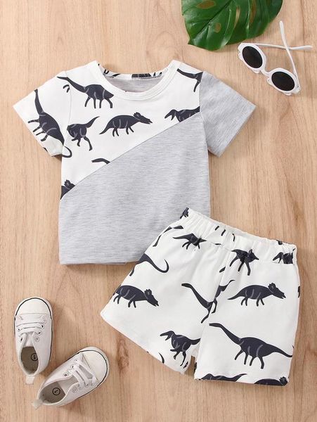 

baby dinosaur print tee & shorts she01, White