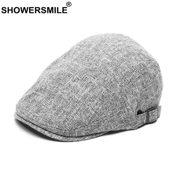 

berets showersmile beret men summer cotton linen flat hat grey vintage mens driving cap breathable retro casual male ivy duckbill, Blue;gray
