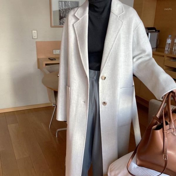 

ewq]2020 winter over knee style turn-down collar long-sleeved solid color straight minimalist woolen overcoat with belt 8d7221, Black