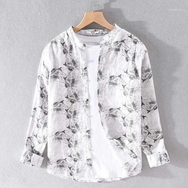 

men's casual shirts 2021 long-sleeved printed retro pure linen shirt men summer fashion comfortable for trendy mens1, White;black
