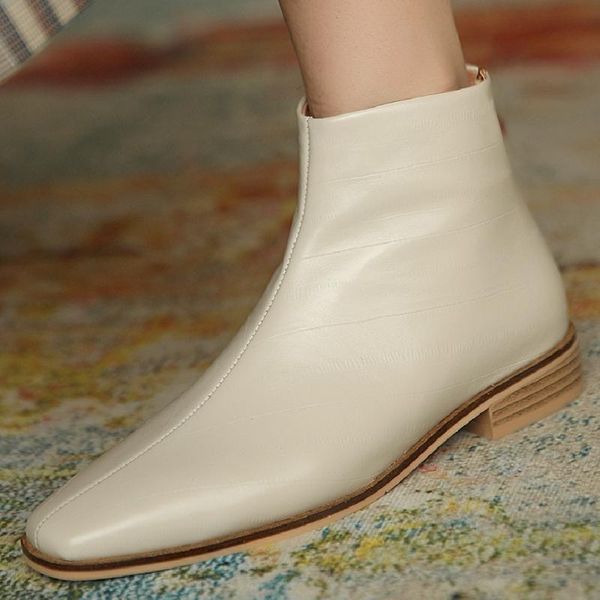 

women's genuine leather back zip flats autumn ankle boots square toe soft comfortable winter warm plush short booties shoes sale, Black