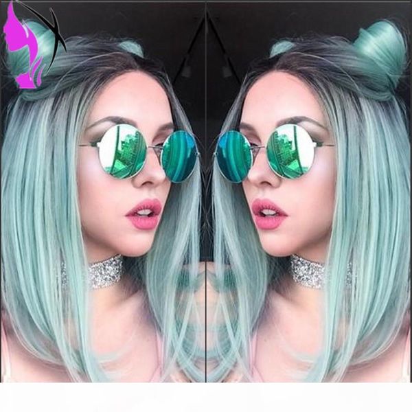 

fashion glueless synthetic lace front wigs ombre green short bob straight synthetic wigs for black women heat resistant