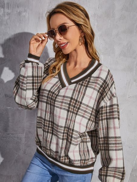 

tartan print drop shoulder pullover o5pa#, White;black