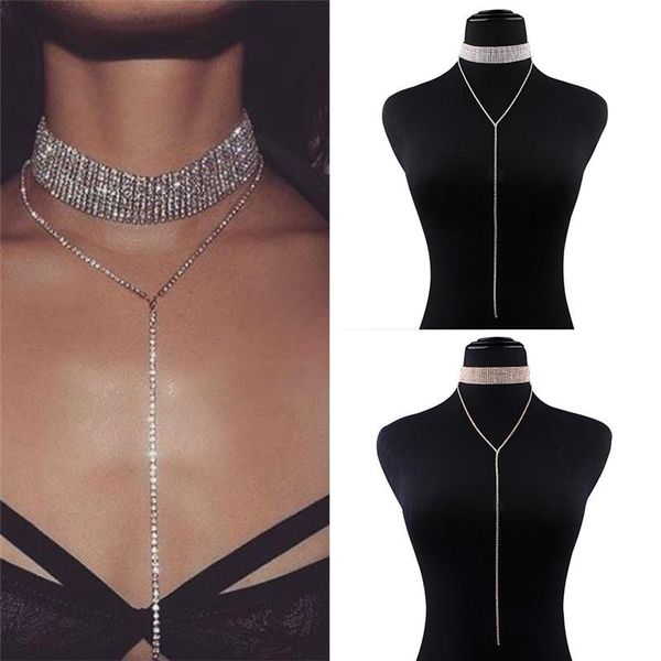 

chokers rhinestone choker crystal gem luxury collar necklace women chunky maxi statement jewelry wholesale, Golden;silver
