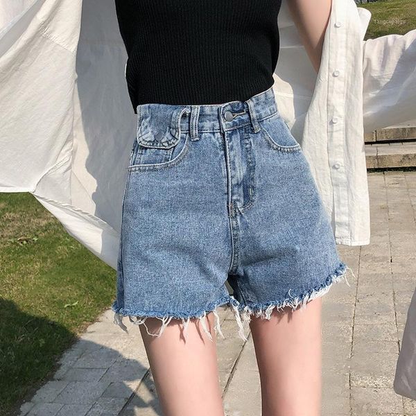 

korean women denim shorts casual loose high waist wide leg streetwear1, Blue