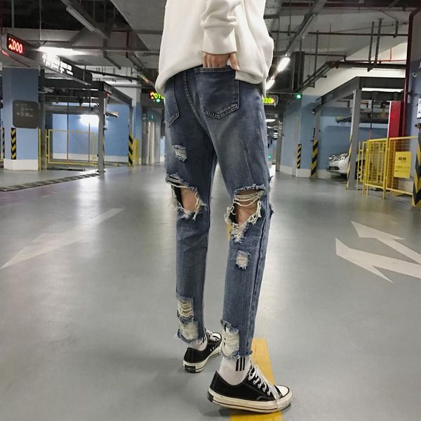 

men's jeans spring autumn vintage ripped for mens fashion casual knee length trousers men clothes pants denim hole bottom ds50763, Blue