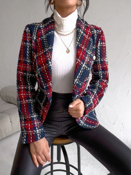 

plaid shawl collar double breasted tweed overcoat f8re#, Black
