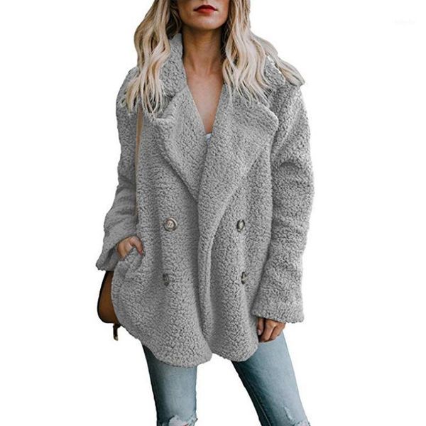 

2020 autumn winter womens fashion cashmere long sleeves coats double velvet solid single breasted street medium length clothes1, Black