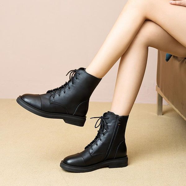 

boots leather women's 2021 shoes autumn and winter low heel stitching lace-up, Black