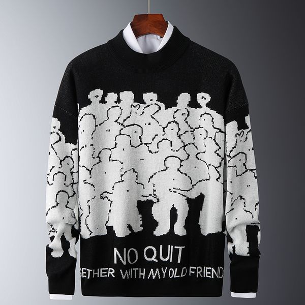 

2021 new casual autumn sweater mens fit knitted trendy slim sweaters cotton long sleeve round collar male warm pullovers new fs16, White;black