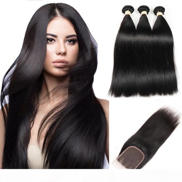 

human hair bundle with hd lace closure brazilian hair bundles straight virgin hair extensions middle three part closure 4*4, Black