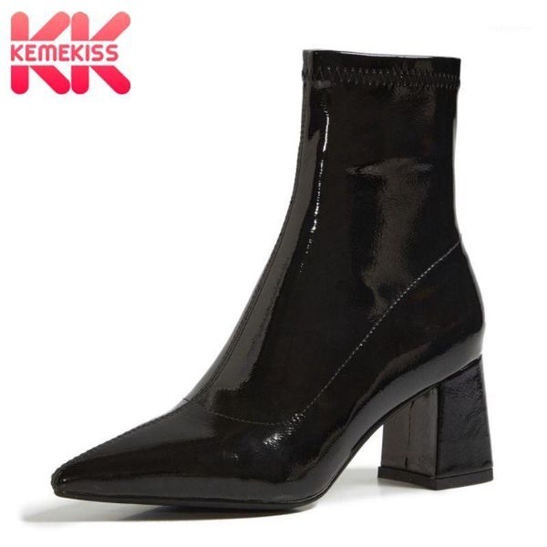 

boots kemekiss size 33-43 woman high heel patent leather thick ankle fashion cool winter shoes footwear1, Black