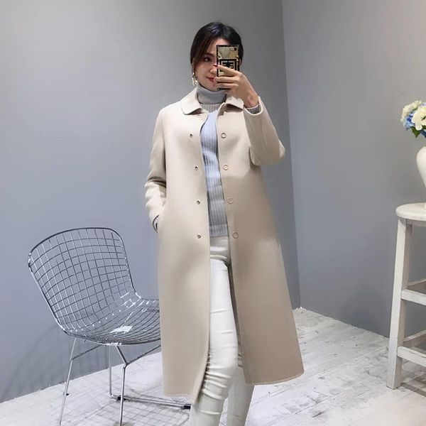 

2020 autumn winter women elegant simple slim long 100% cashmere wool blend coat female office single breasted woolen jacket r157, Black