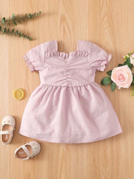 

baby ruched ruffle trim dress she, Red;yellow