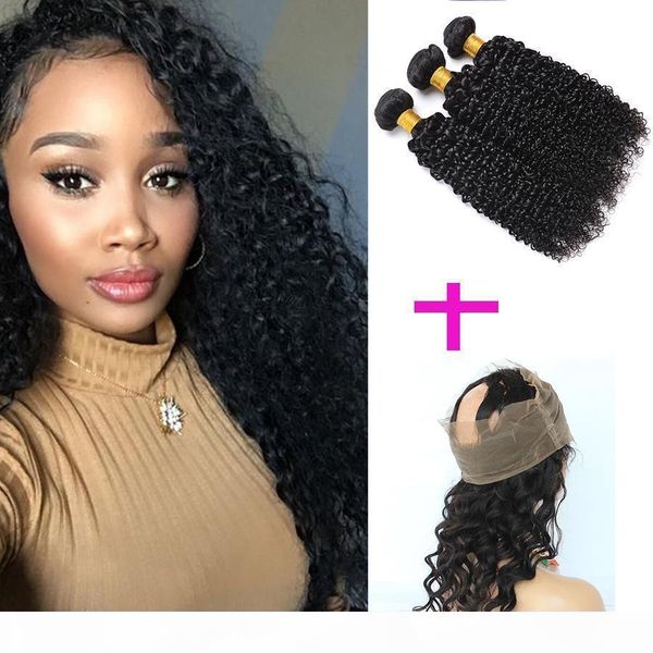 

pre plucked 360 frontal with bundles kinky curly 8a virgin peruvian 360 lace frontal band closure with baby hair and human hair bundles, Black;brown