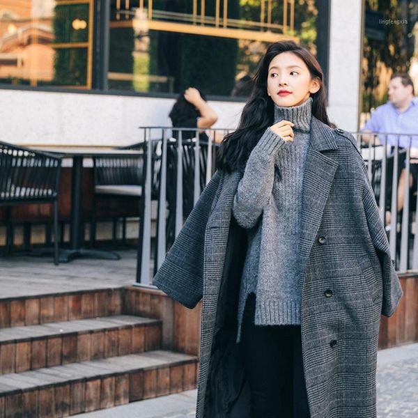 

bella wool blends loose ankle-length new arrivals plaid womens korean style students vintage outwear double breasted temperament1, Black