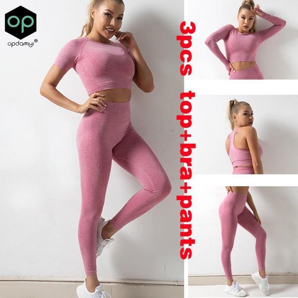 

3pcs seamless women yoga set workout sportswear gym clothing fitness long sleeve crop bra+high waist leggings sports suits1, White;red