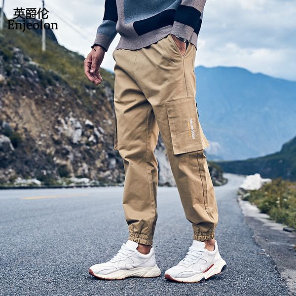 

enjeolon cargo pants men jogger letter embroidered multi-pocket hip hop trousers male long pants streetwear k6881 t200422, Black