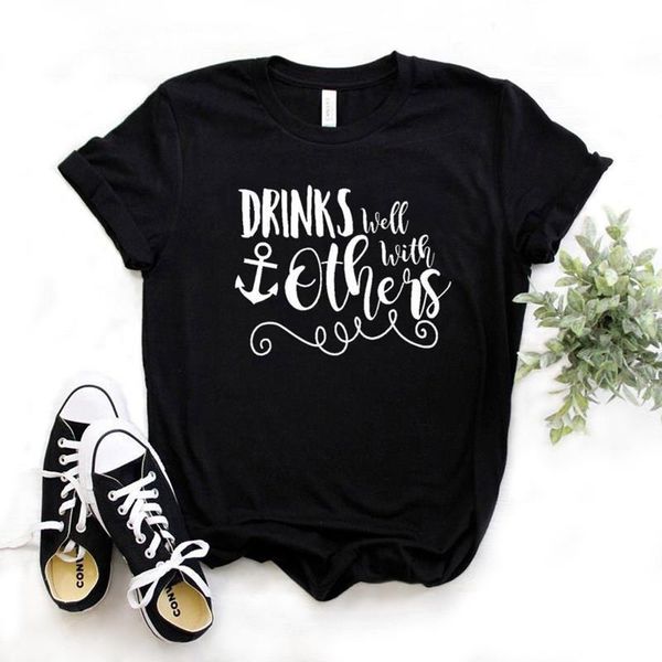 

women t shirt drinks well with others vacation cruise print tshirt women short sleeve o neck loose t-shirt ladies tee shirt, White