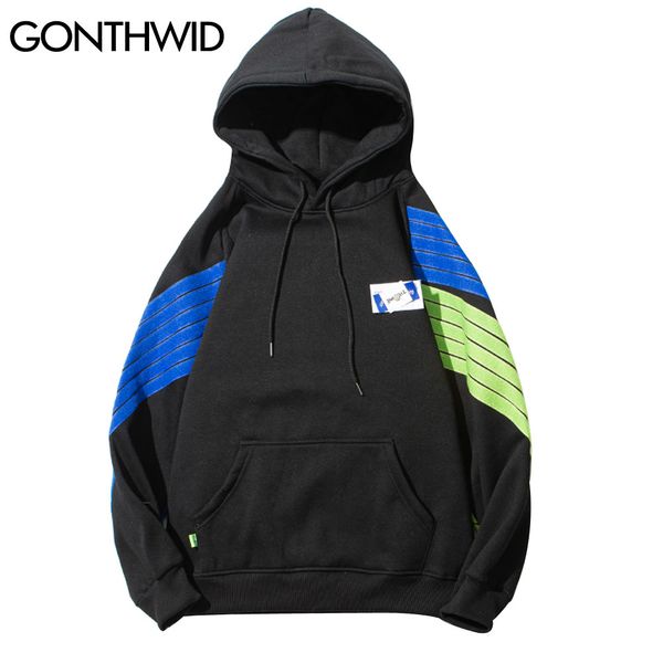 

sleeve color block stripes patchwork hoodies streetwear hip hop casual pullover hooded sweatshirts mens harajuku kg-310, Black