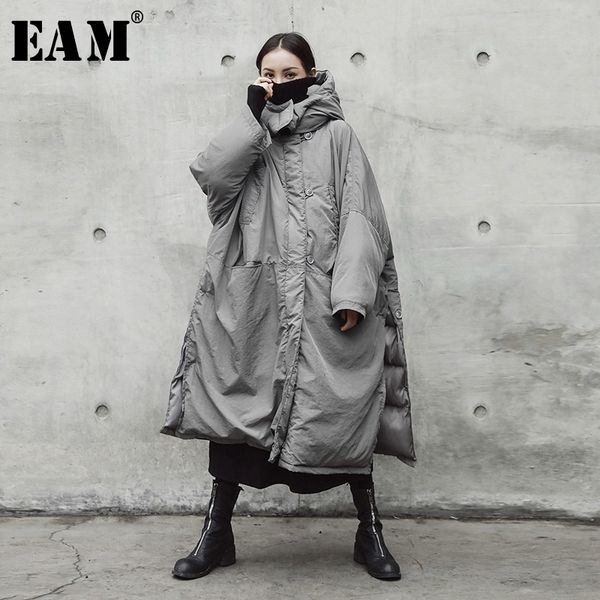 

[eam] hooded cotton-padded gray oversize long warm coat long sleeve loose fit women parkas fashion spring autumn 2021 je02002 210203, Black
