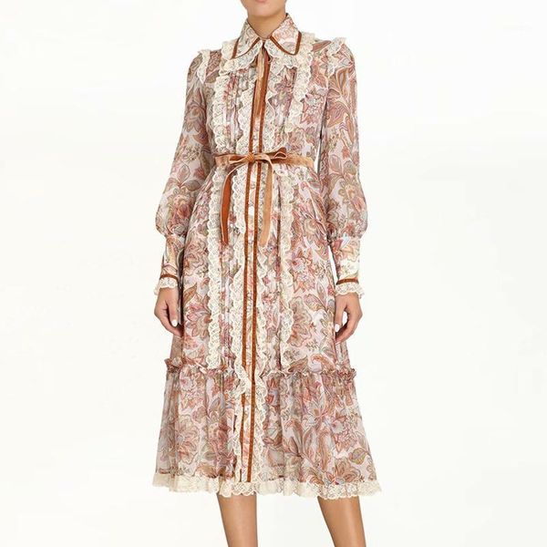 

2020 fall new style bohemian vintage print lace long sleeve bow knot pleated party slim dress mid-length women's clothing1, Black;gray
