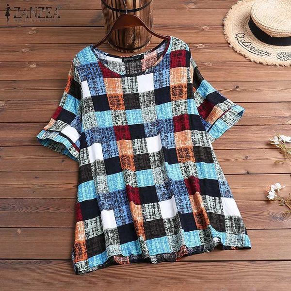 

zanzea women summer plaid checked blouse vintage o neck short sleeve casual loose shirt female work blusas femininas 5xl, White