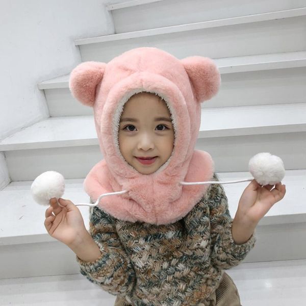 

kids baby winter bear ear hats lovely toddler beanie cap fur warm baby hat hooded scarf set fashion ear flap caps, Yellow