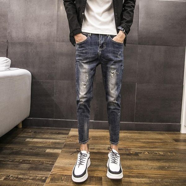 

spring autumn blue denim jeans slim-fit men's trousers straight casual feet pants korean style ripped