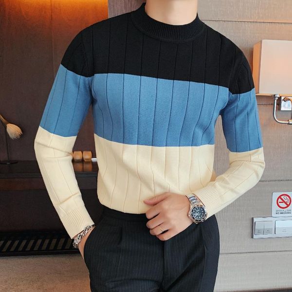 

pull homme sueter hombre half-turtleneck long-sleeved casual sweater men green brown contrast color striped knitted sweater men, White;black
