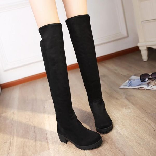 

2020 winter women boots skinny knee boots frosted female low heel with thick bottom tube high warm plus size 42 43, Black
