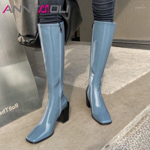 

boots annymoli patent leather high heel knee women shoes square toe block heels long zip fashion lady beige 421, Black